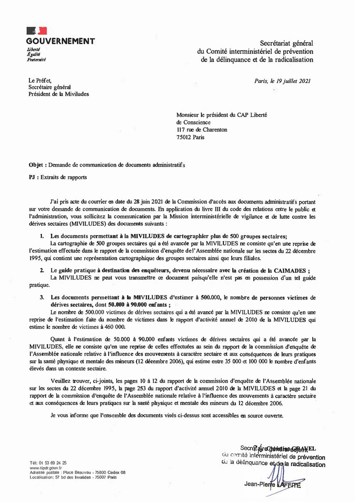 Courrier MIVILUDES
