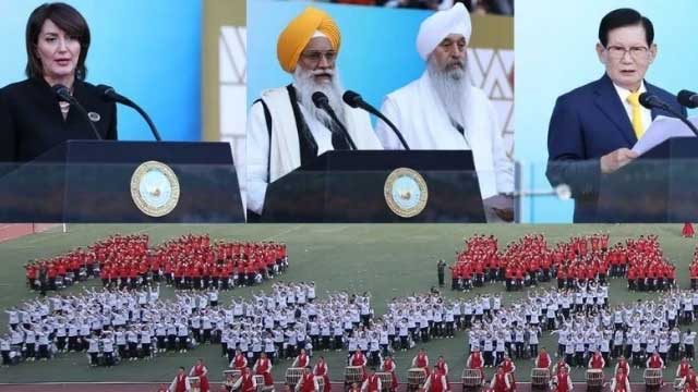 Ms. Atifete Jahjaga, Former President of the Republic of Kosovo, Singh Sahib Giani Gurbachan Singh Ji, Chief of the Sikh Golden Temple, and Chairman Lee at the 2017 anniversary of the World Peace Summit