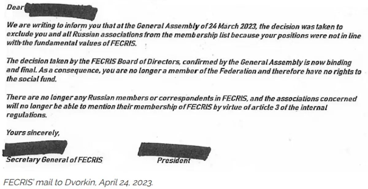 FECRIS mail to Dvorkin